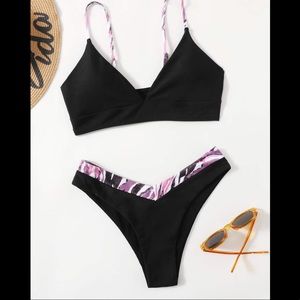 Pink/black Leaf High Cut Bikini